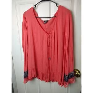 Justify Pink V Tassel Long Sleeve Semi Sheer Blouse. Size 1X